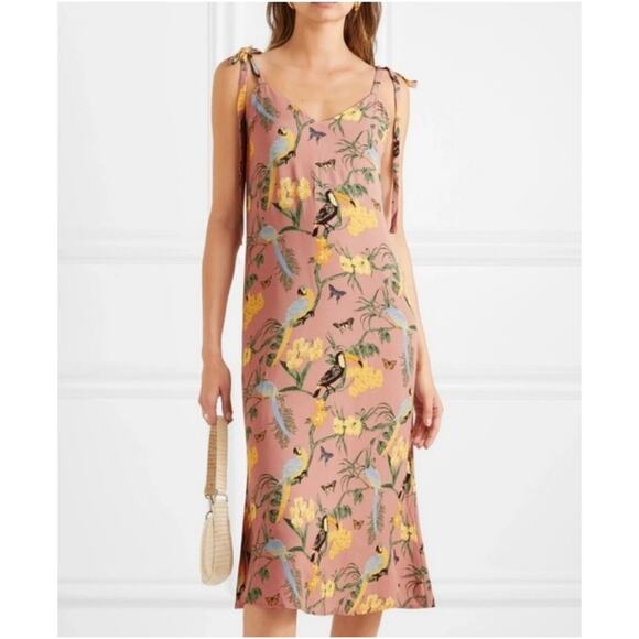 Reformation Jade Dress Midi Conga Tropical Bird Print Pink Yellow Tie Straps - Picture 1 of 10